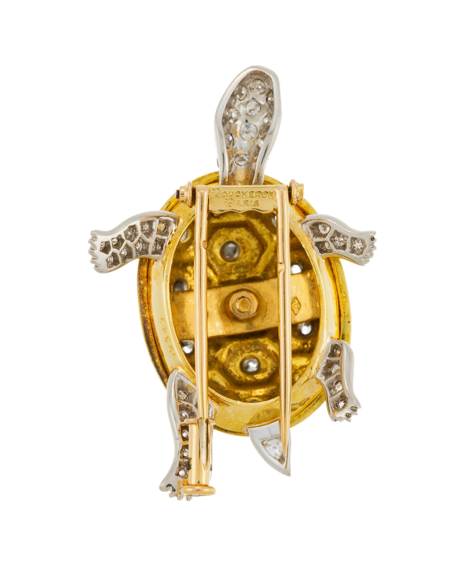 Boucheron, broche tortue années 1950-60 or 750 et platine ornée d'émail vert et bleu  - 8