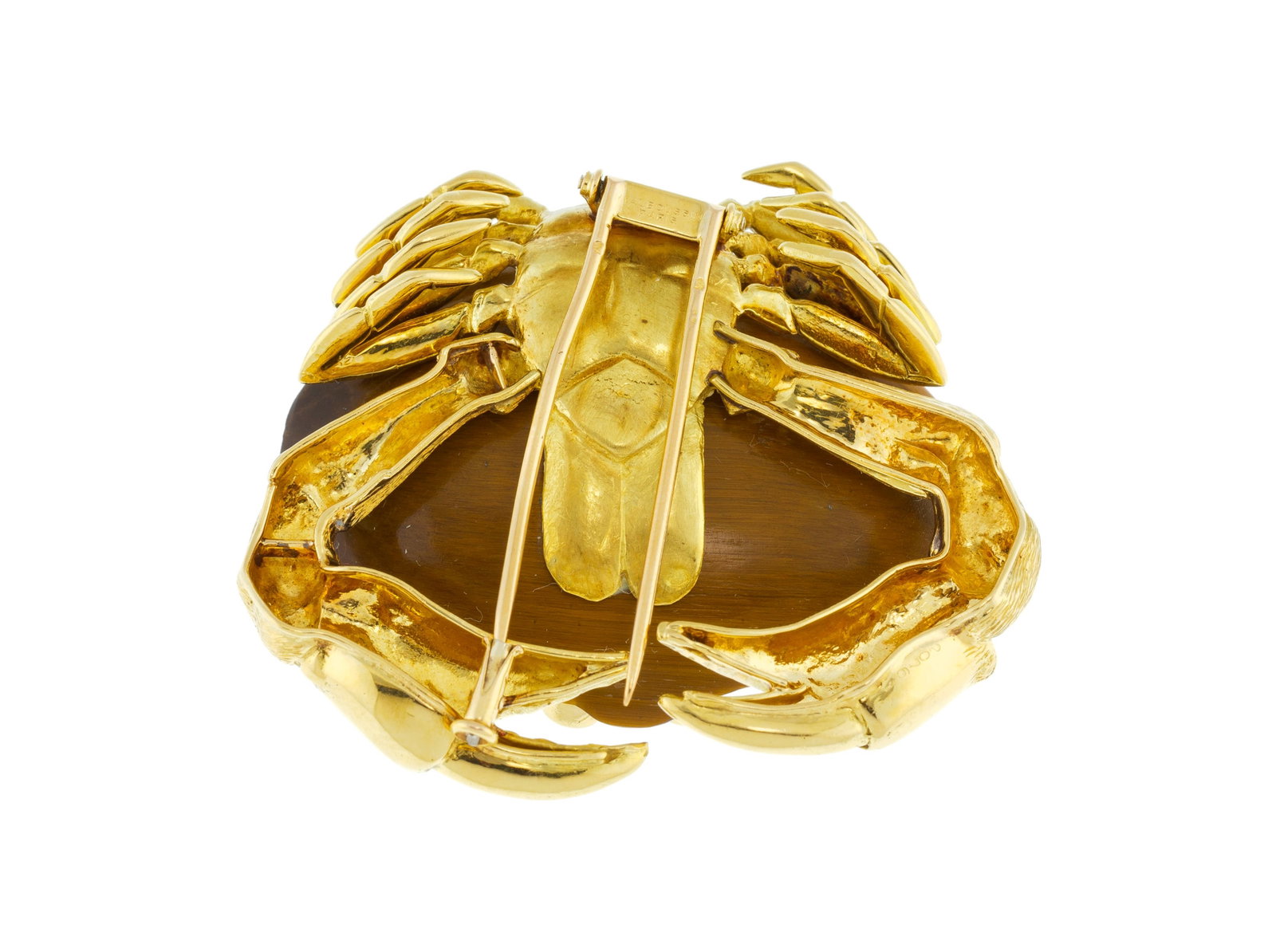 Mauboussin, broche crabe années 1950-60 en or 750, la carapace est en œil-de-tigre avec de - 4