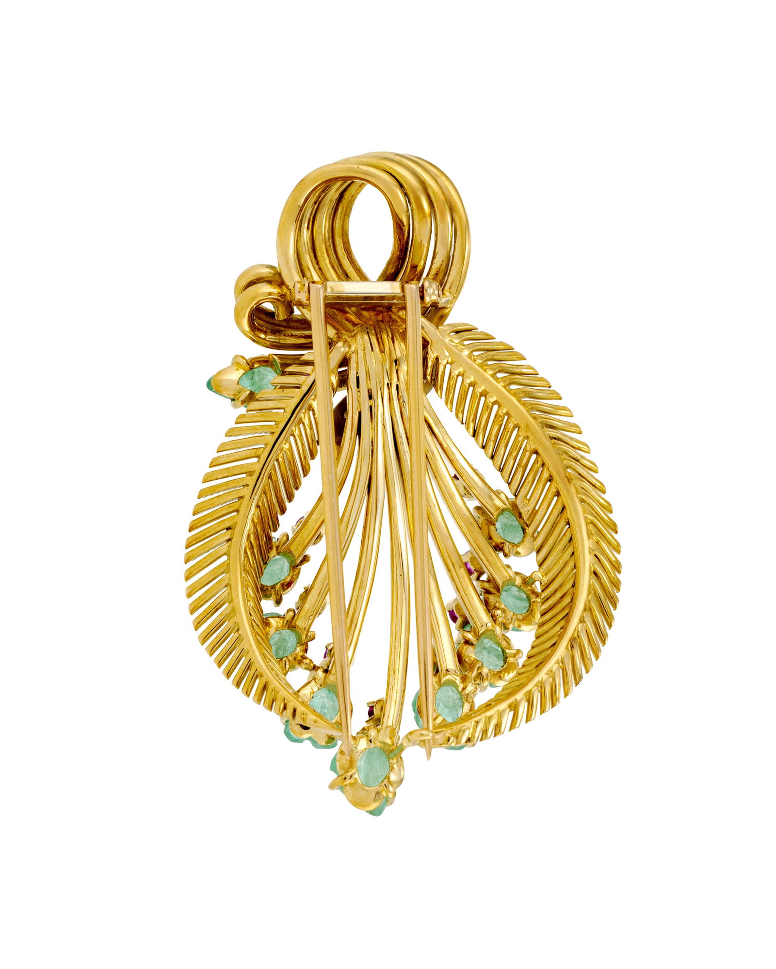 Broche années 1940-50 en or 750 à décor végétal sertie d'émeraudes gra - 3