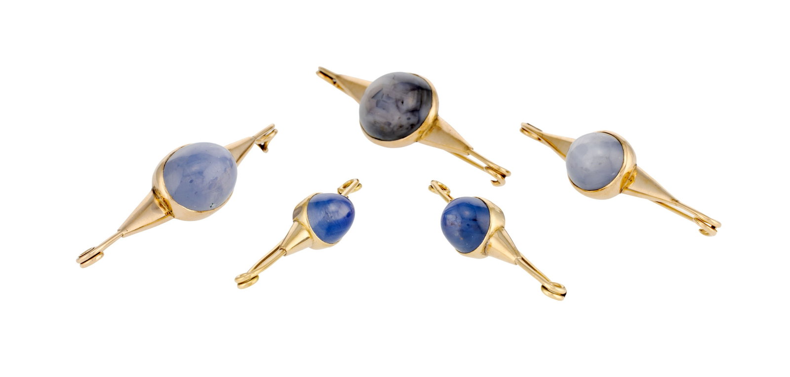 Lot de 5 broches années 1940-50 en or rose 585 serties de cabochons de saphirs étoilé - 2