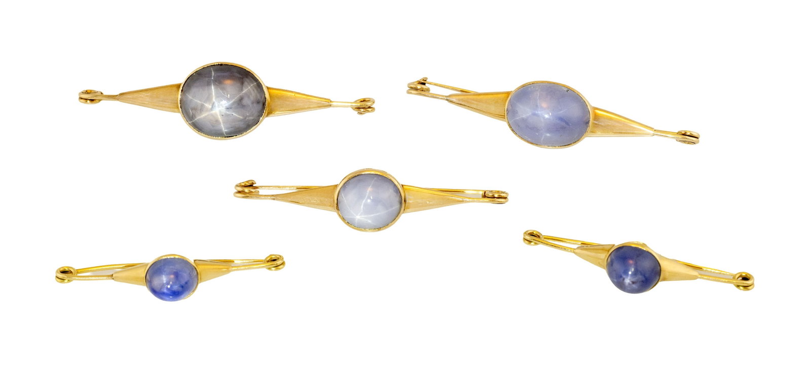 Lot de 5 broches années 1940-50 en or rose 585 serties de cabochons de saphirs étoilé - 3