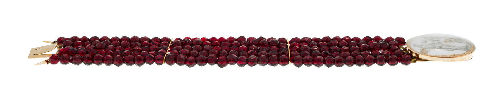 Bracelet début XIXe s., formé de 5 rangs de billes de verre rouge, fermoir en or rose orn& - 2