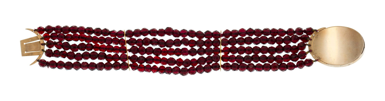 Bracelet début XIXe s., formé de 5 rangs de billes de verre rouge, fermoir en or rose orn& - 3
