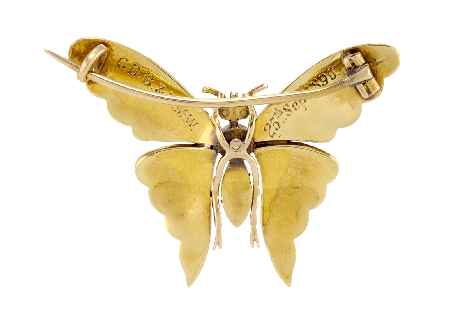 Broche papillon fin XIXe s., en or 585 pavée de demi perles et de petits rubis taille cabochon, - 3
