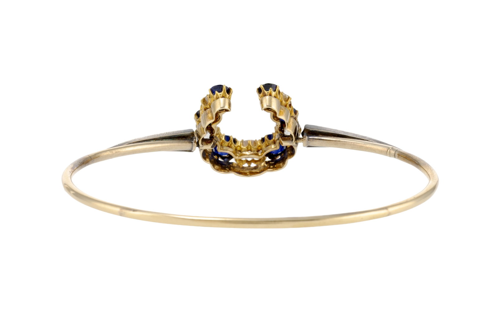 Bracelet semi rigide XIXe s., or et argent centrant un fer à cheval serti de saphirs ainsi que  - 3