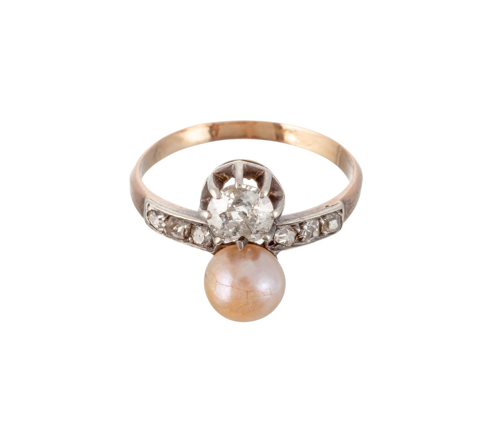 Bague Toi&Moi XIXe s., 2 ors sertie d'une perle bouton (non testée) et de diamants taille ancie - 2
