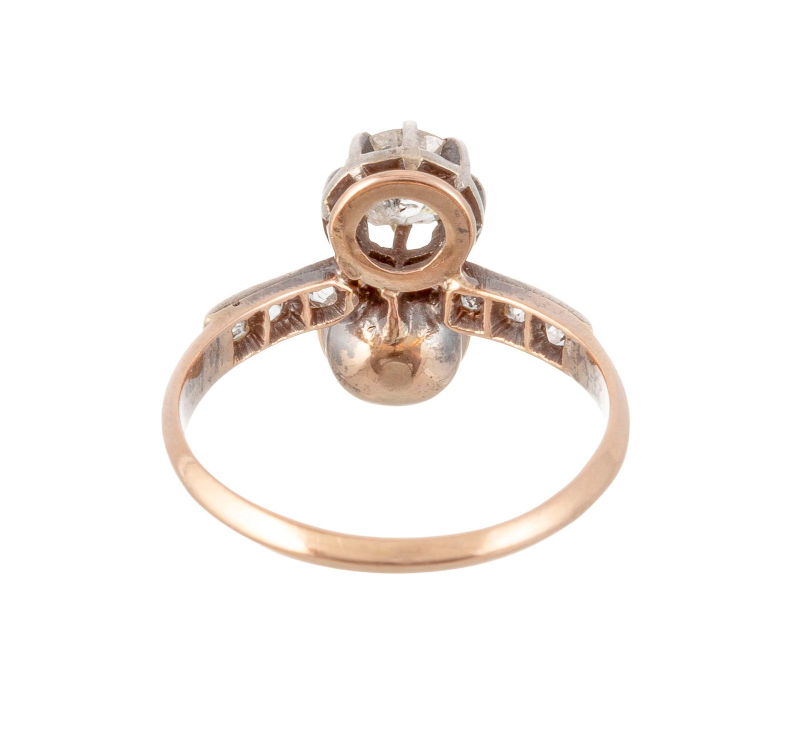 Bague Toi&Moi XIXe s., 2 ors sertie d'une perle bouton (non testée) et de diamants taille ancie - 3