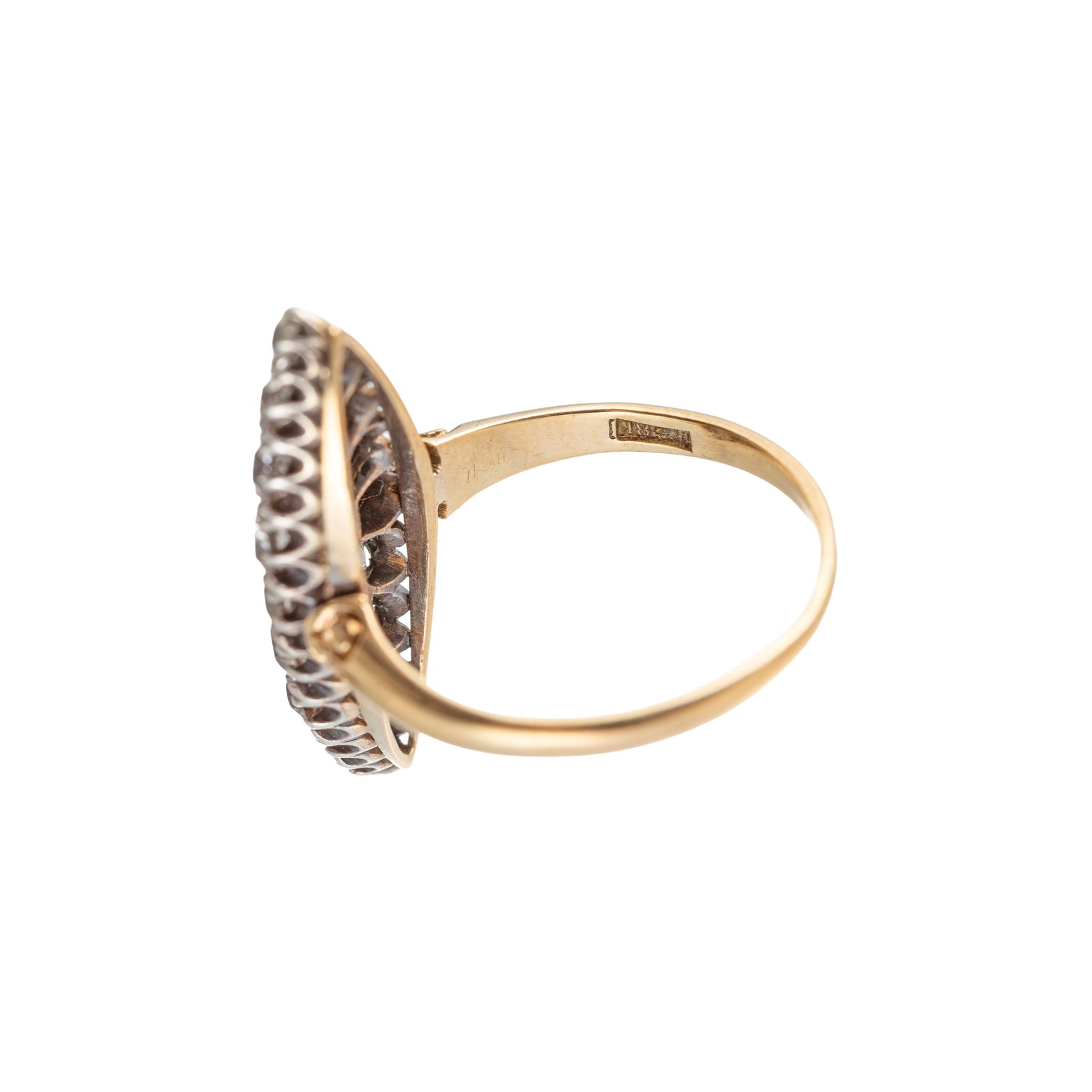 Bague marquise XIXe s., 2 ors 750 pavée d'un saphir et de diamants taille ancienne, doigt 54-14 - 3