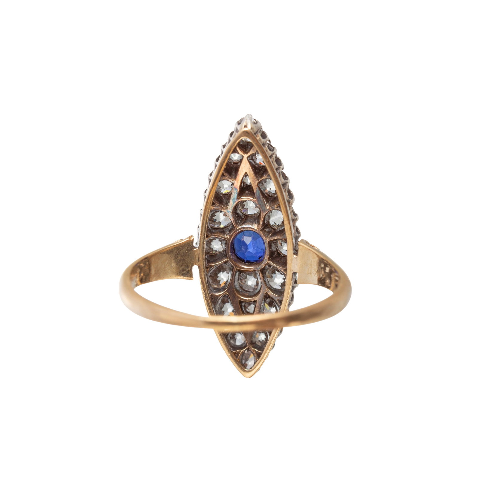 Bague marquise XIXe s., 2 ors 750 pavée d'un saphir et de diamants taille ancienne, doigt 54-14 - 4