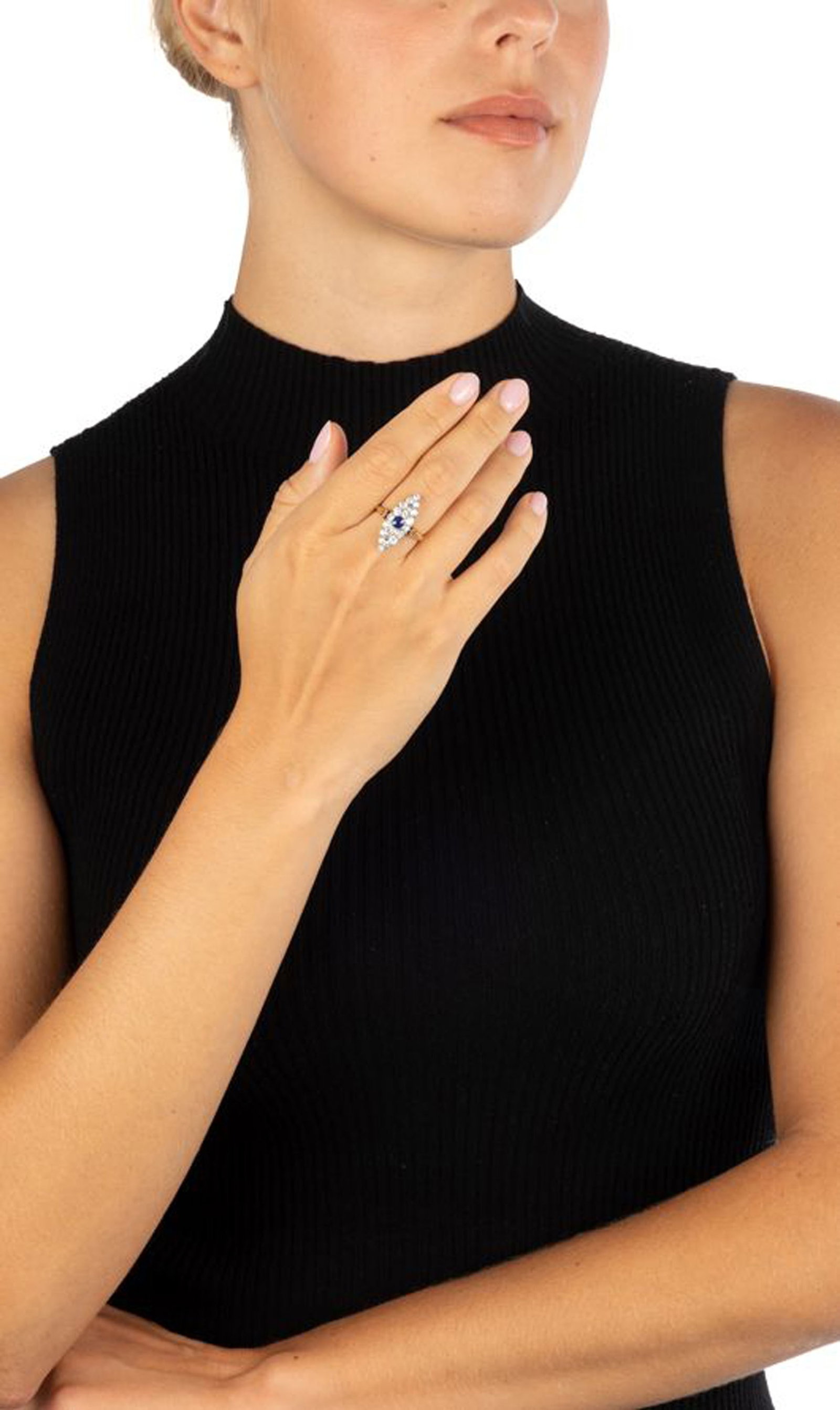 Bague marquise XIXe s., 2 ors 750 pavée d'un saphir et de diamants taille ancienne, doigt 54-14 - 5