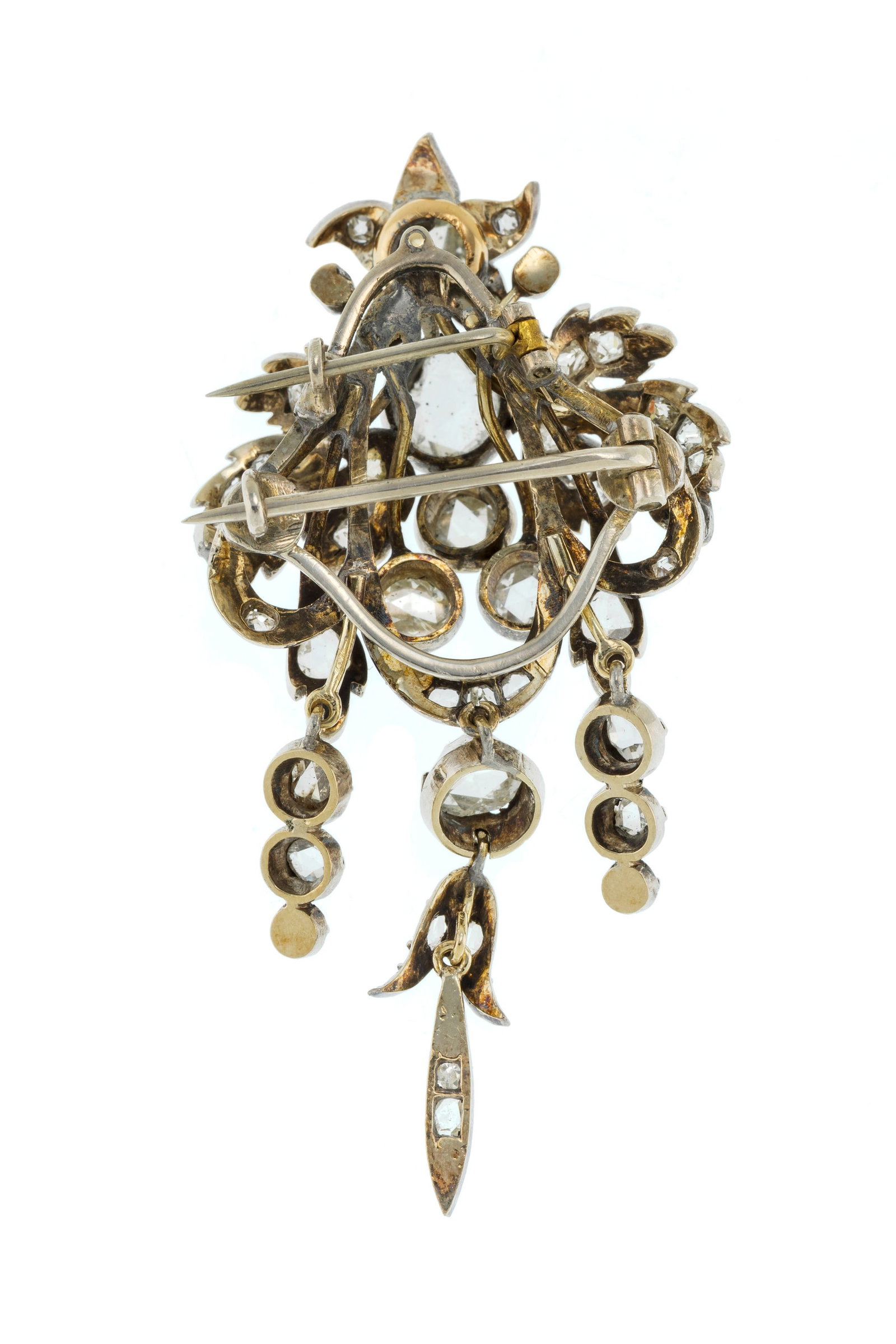 Broche XIXe s., argent et or à motif végétal sertie de diamants taille ancienne et ro - 3
