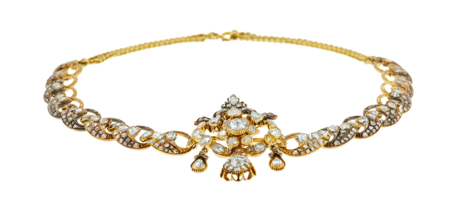 Collier or 585 à décor de feuilles d'acanthes serties foilback de diamants taille rose, lo - 2