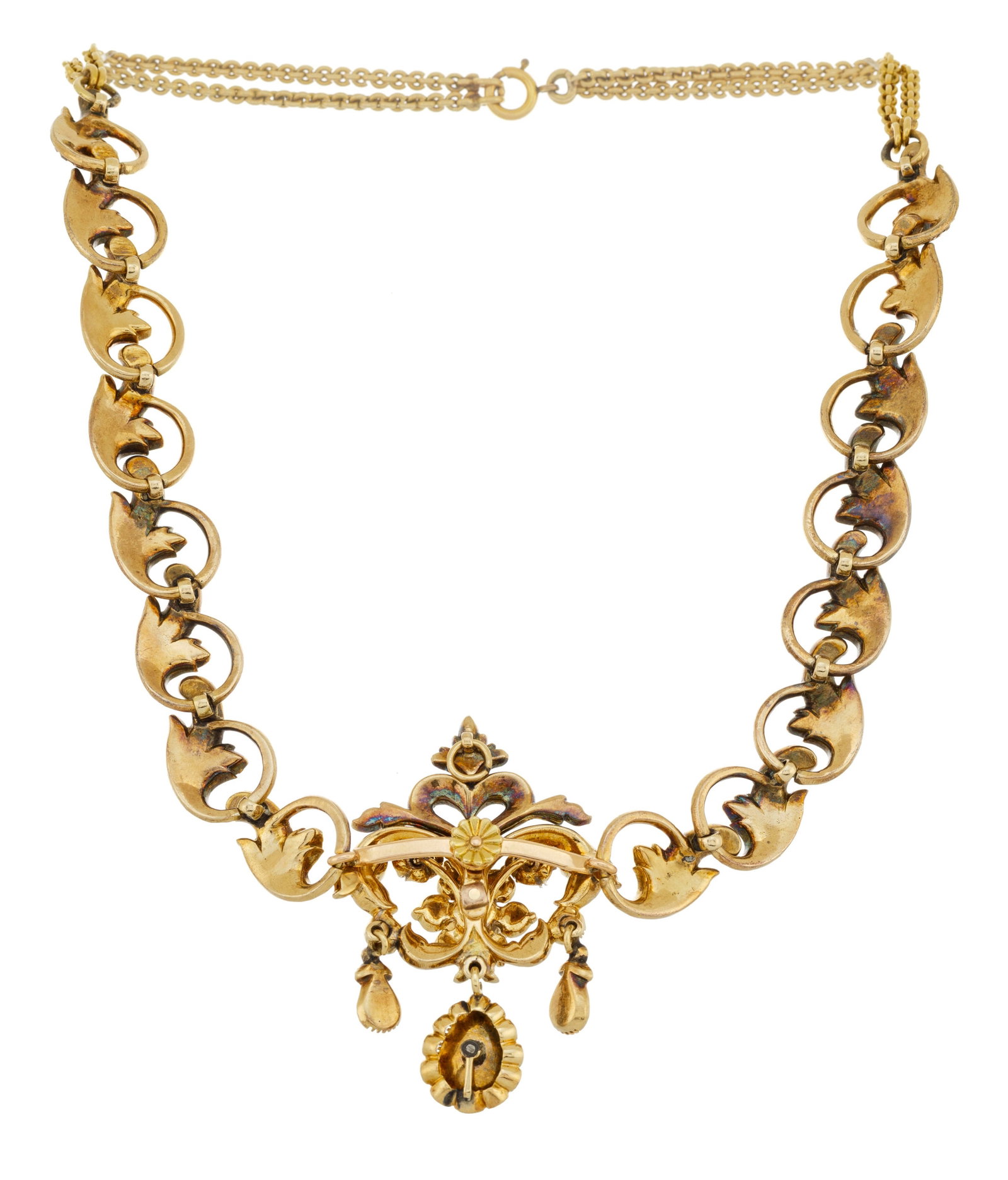 Collier or 585 à décor de feuilles d'acanthes serties foilback de diamants taille rose, lo - 3
