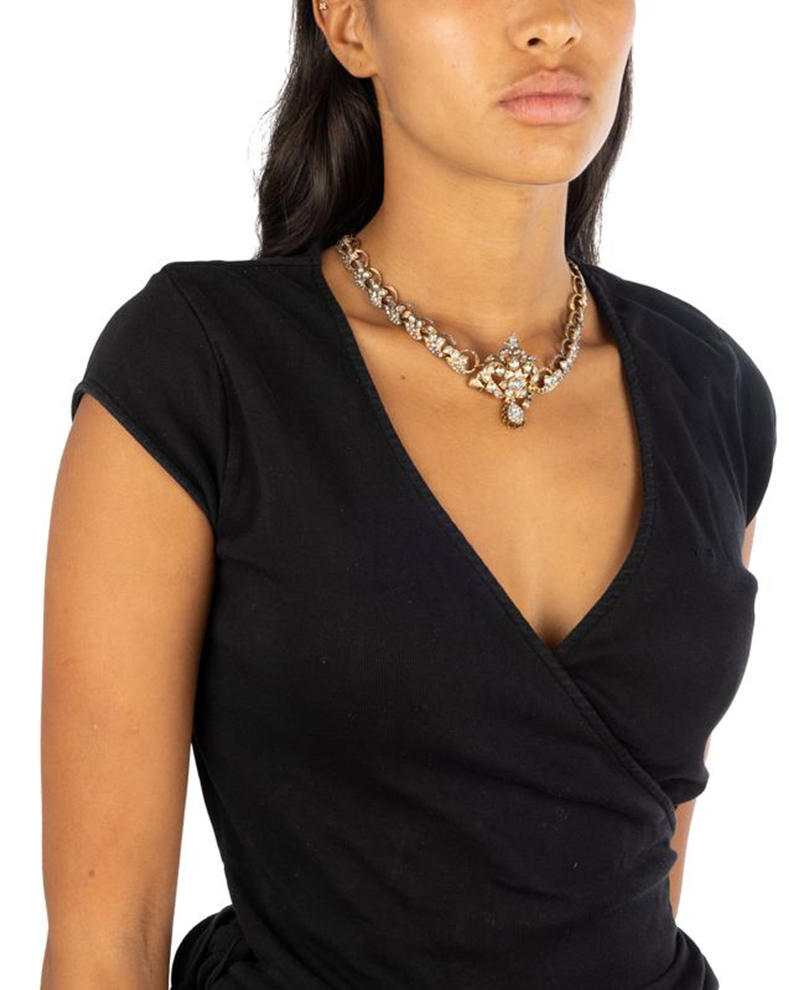 Collier or 585 à décor de feuilles d'acanthes serties foilback de diamants taille rose, lo - 4