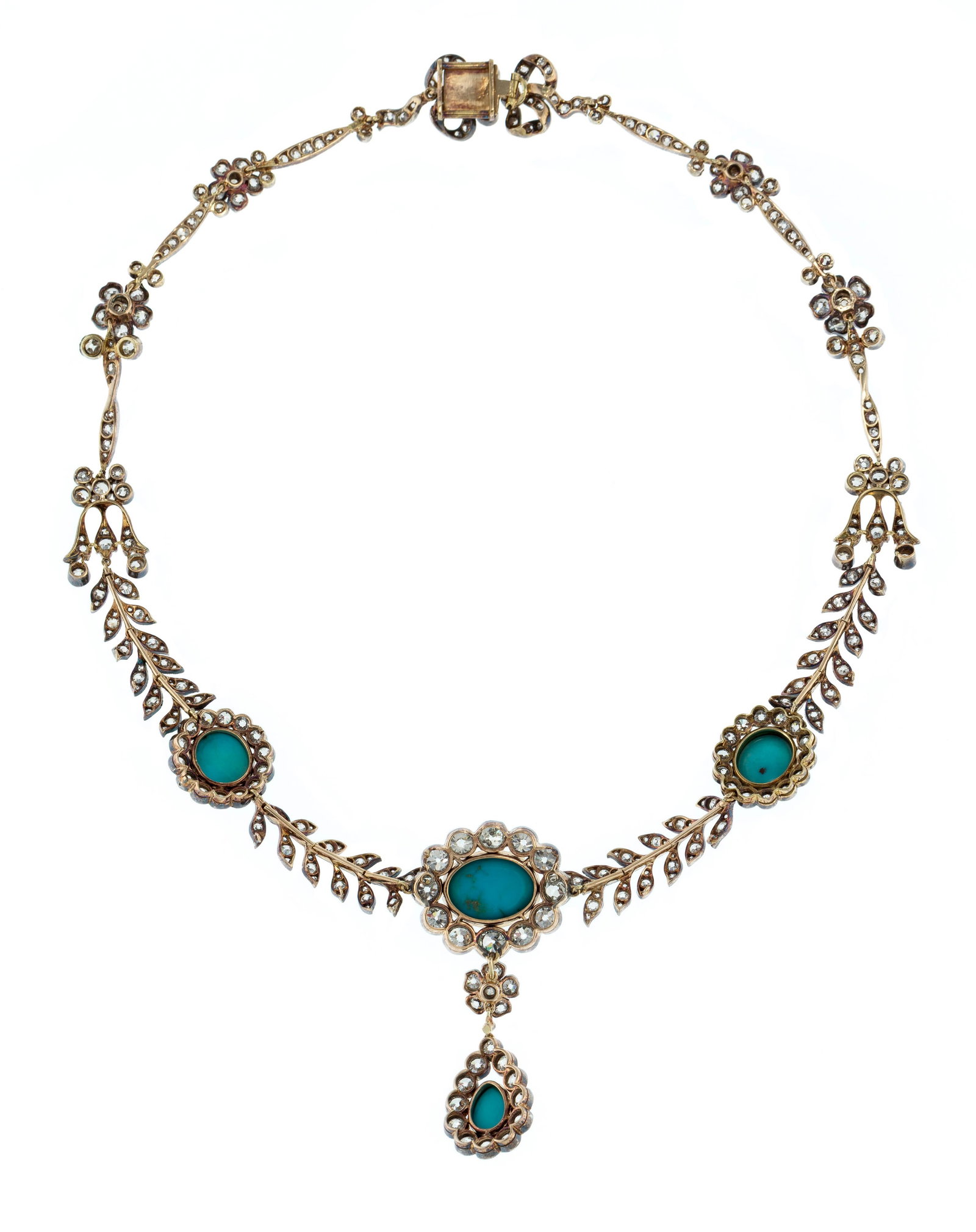 Collier XIXe s., or et argent stylisant un motif végétal entièrement serti millegrain - 3