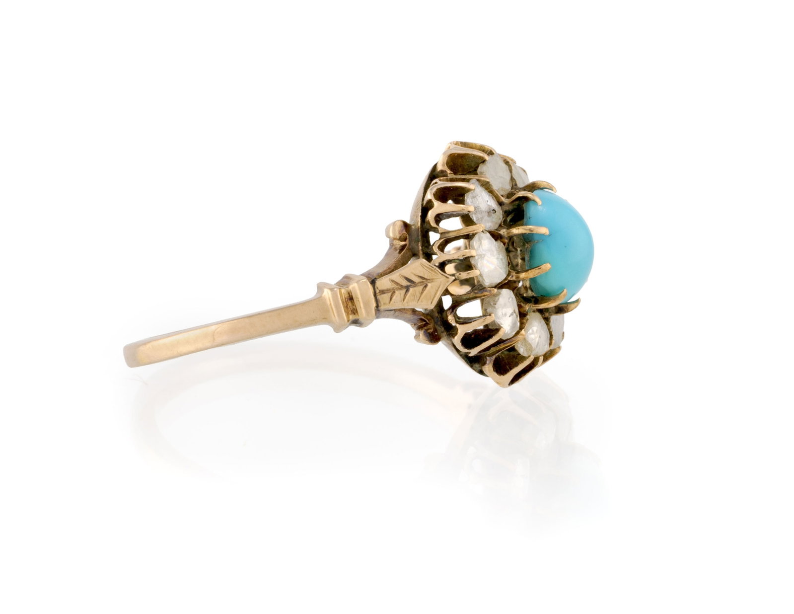 Bague or rose 375 sertie d'un cabochon de turquoise entouré de diamants facettés, doigt 57 - 2