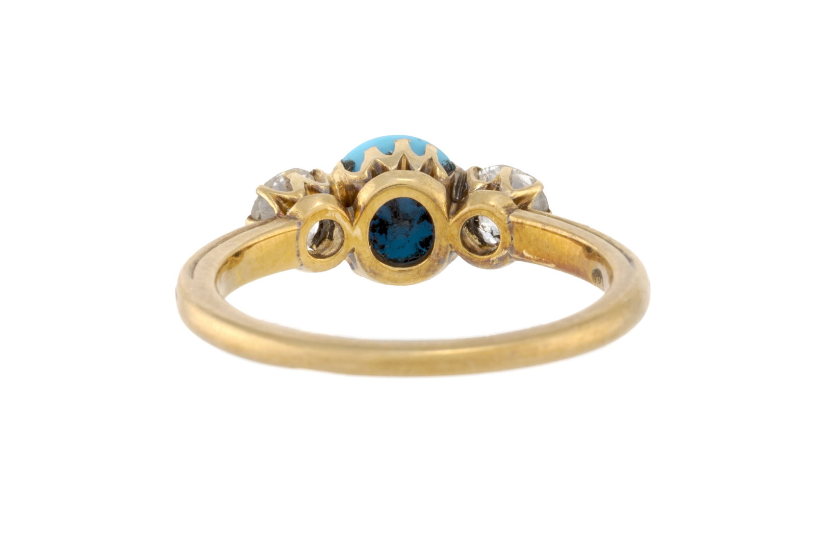 Bague or 750 sertie d'un cabochon de turquoise épaulé de deux diamants taille ancienne, do - 3