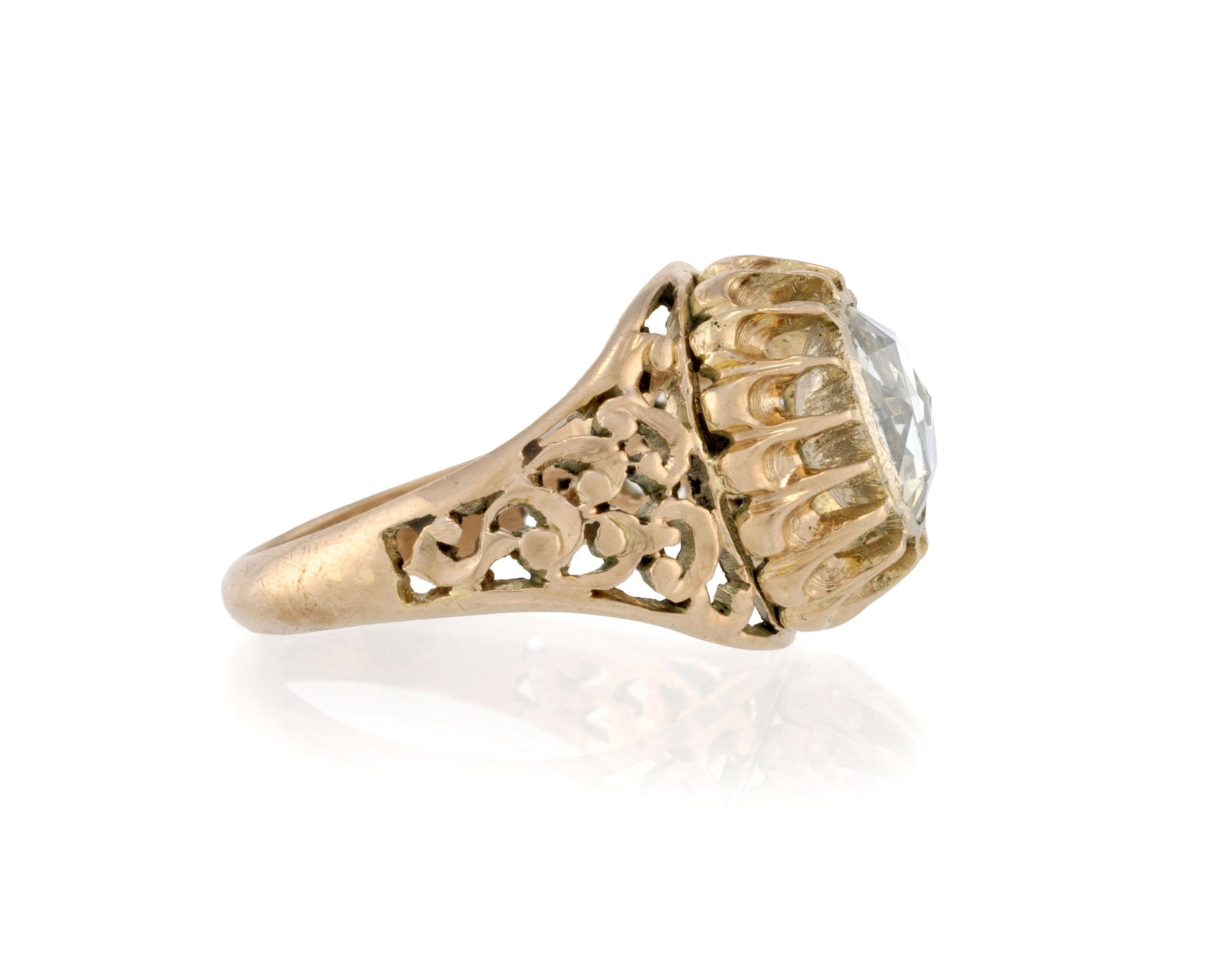 Bague en or rose 585 ajouré et ciselé sertie foilback d'un diamant taille rose, doigt 56-1 - 2