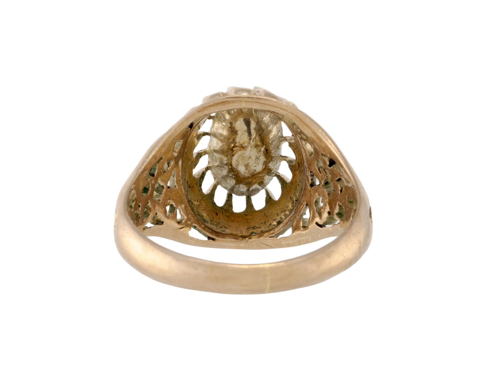 Bague en or rose 585 ajouré et ciselé sertie foilback d'un diamant taille rose, doigt 56-1 - 3