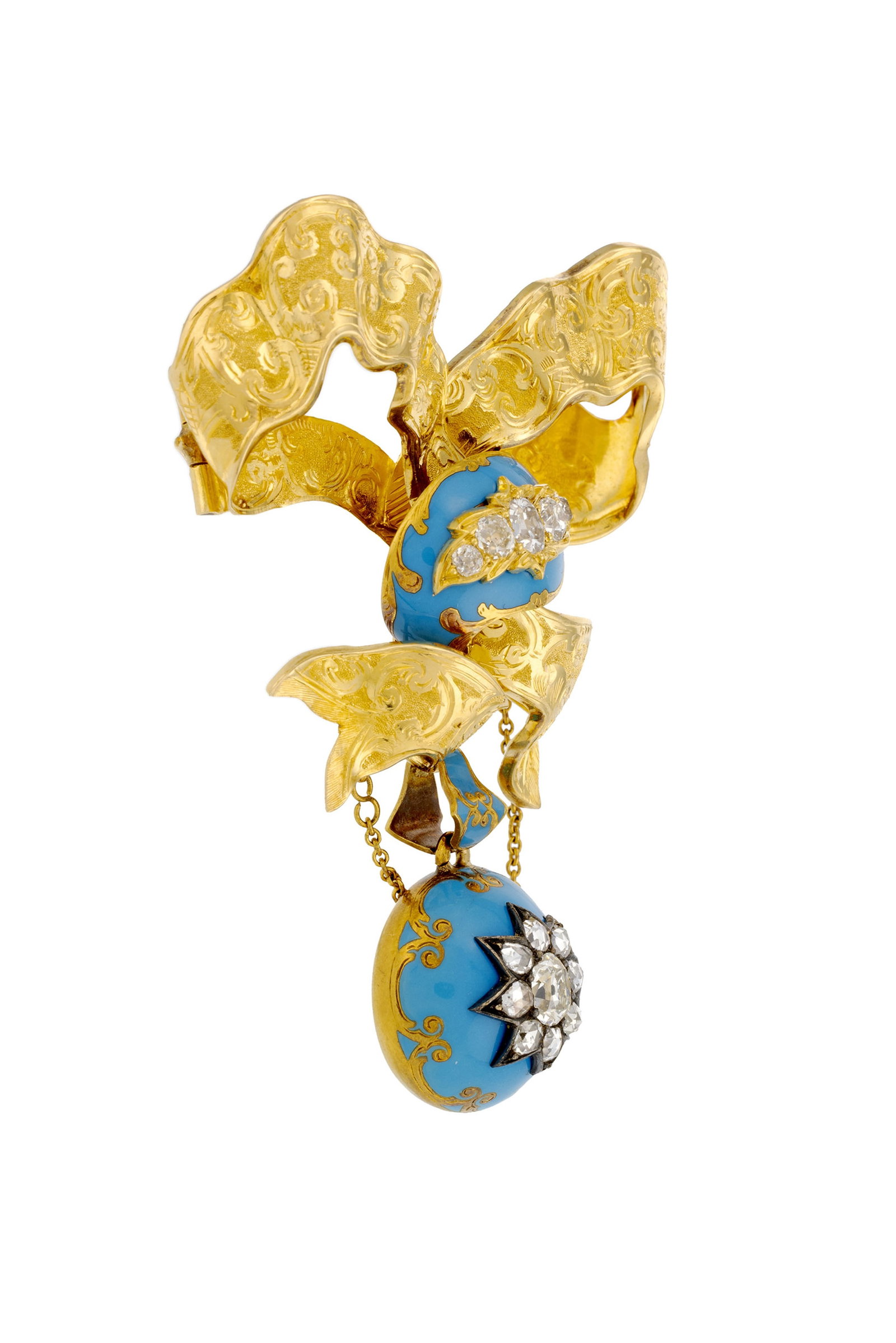 Broche nœud XIXe s., or 750 gravé de feuilles d'acanthes, ornée d'émail turquois - 2