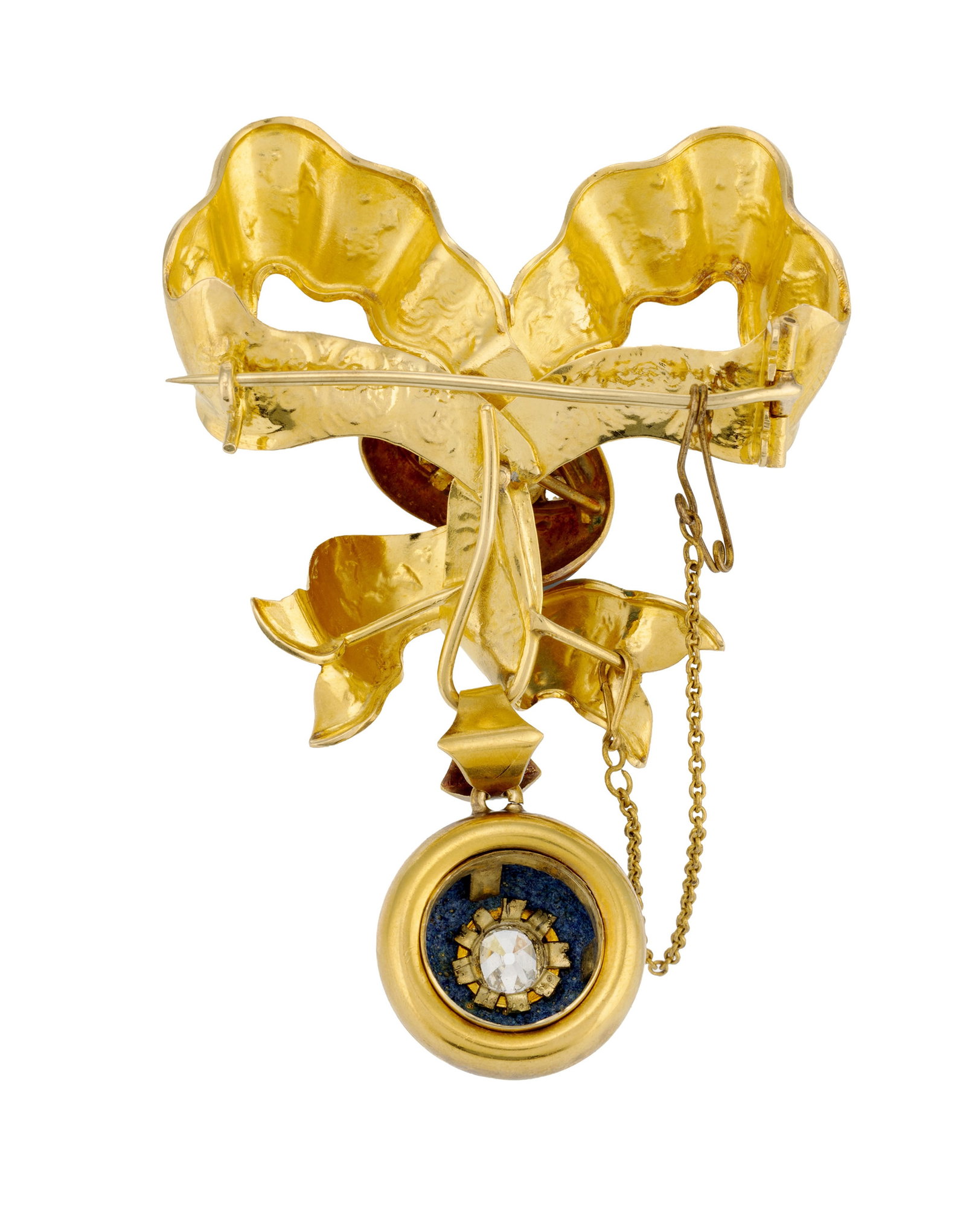 Broche nœud XIXe s., or 750 gravé de feuilles d'acanthes, ornée d'émail turquois - 3