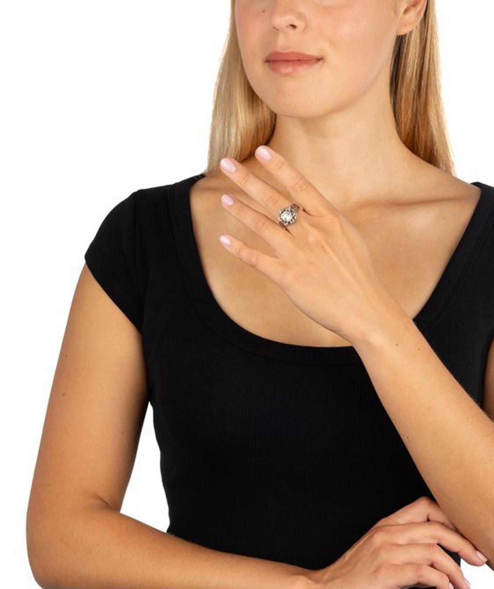 Bague en or gris 585 stylisant une fleur centrant un diamant taille rose serti foilback entouré - 4