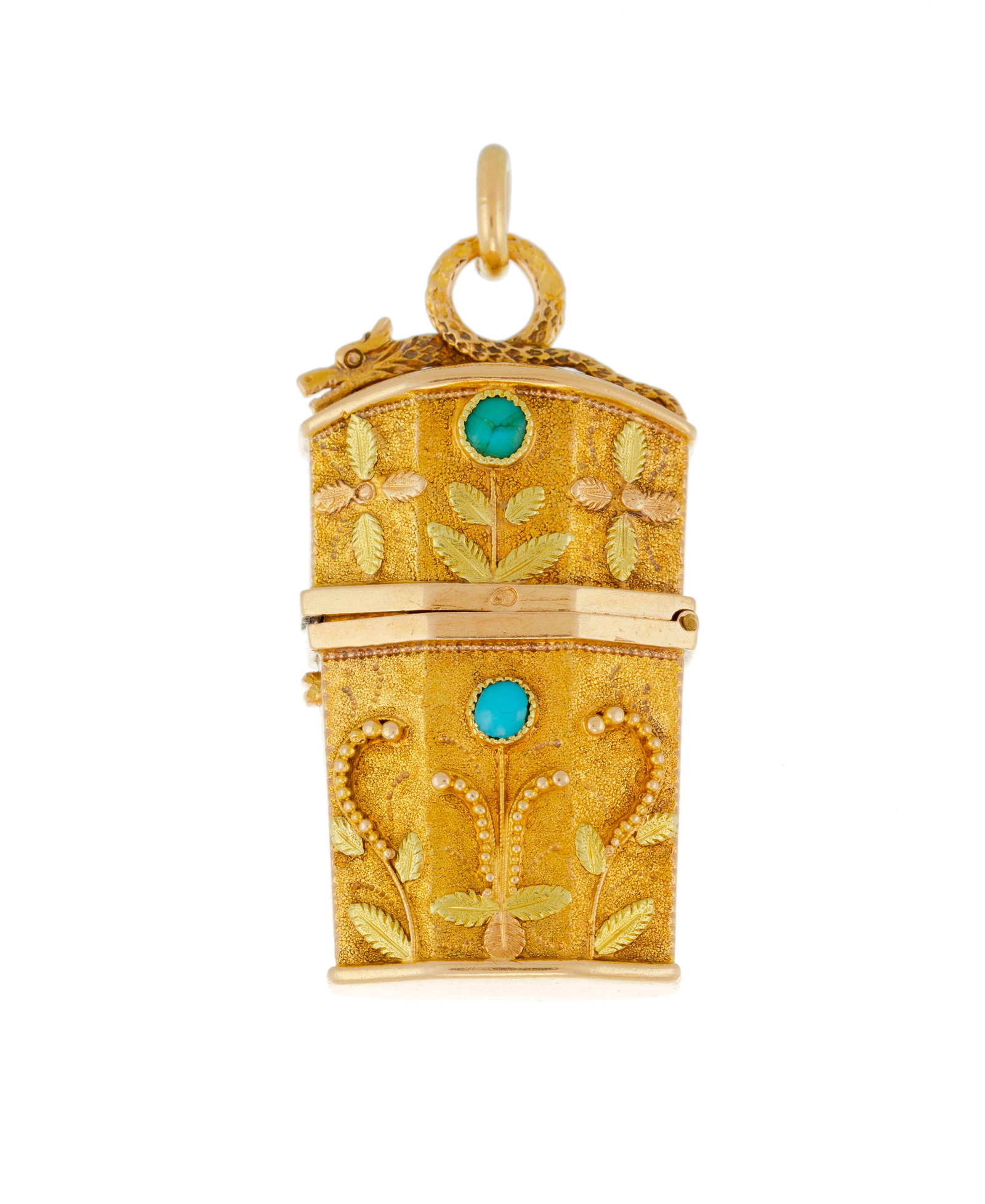 Pendentif à compartiment début XXe s., 2 ors 750 ciselés d'un motif végétal - 3