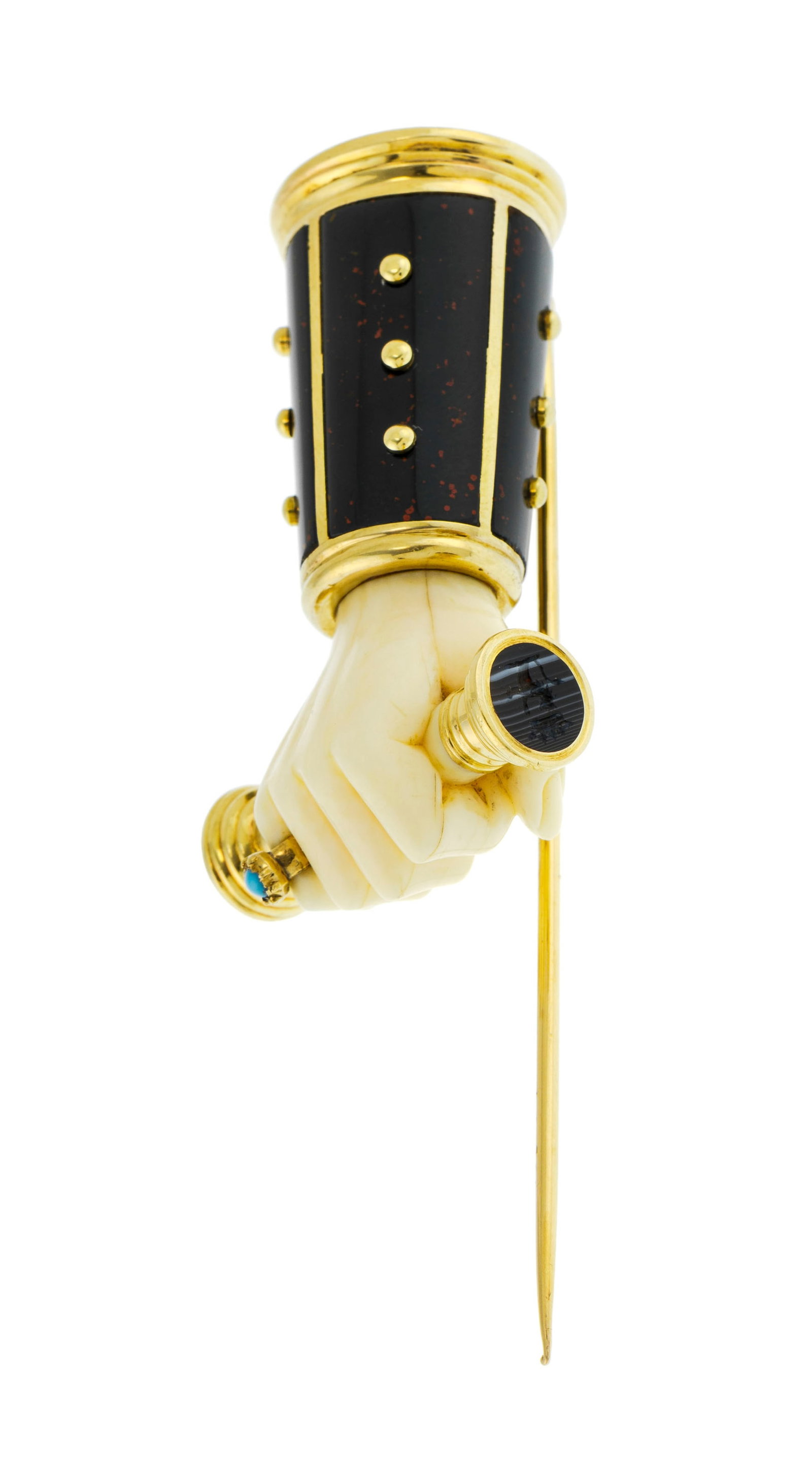 Sceau XIXe s., en or 750 et jaspe sanguin monté sur épingle figurant une main en ivoire po - 3