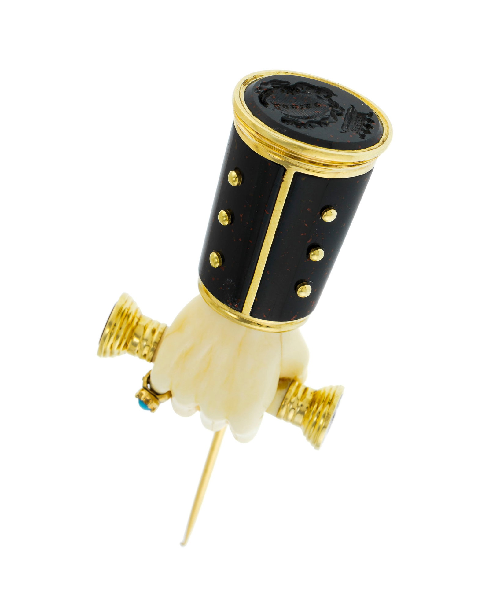 Sceau XIXe s., en or 750 et jaspe sanguin monté sur épingle figurant une main en ivoire po - 4