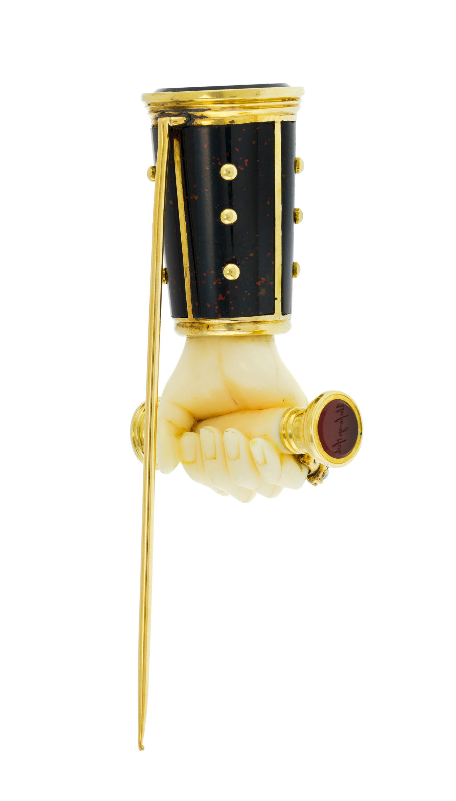 Sceau XIXe s., en or 750 et jaspe sanguin monté sur épingle figurant une main en ivoire po - 5