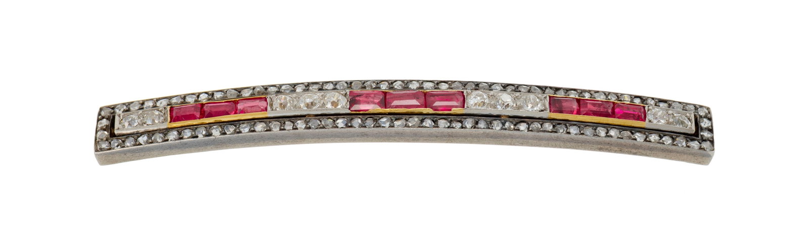 Broche barrette XIXe s. or 750 et argent sertie de rubis rectangulaires ainsi que de diamants taille - 2