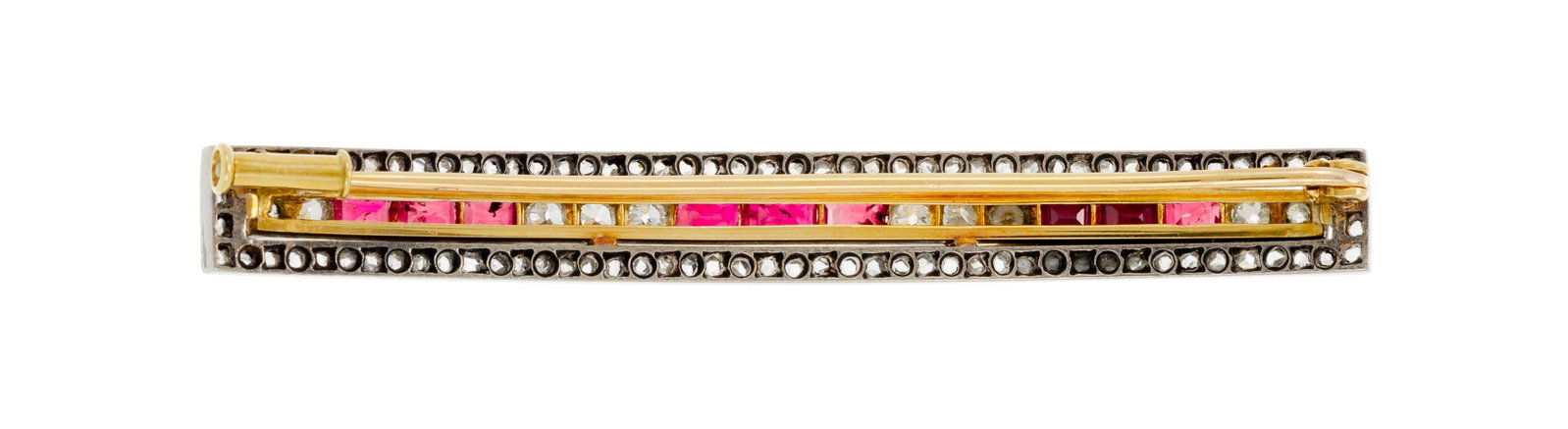 Broche barrette XIXe s. or 750 et argent sertie de rubis rectangulaires ainsi que de diamants taille - 3