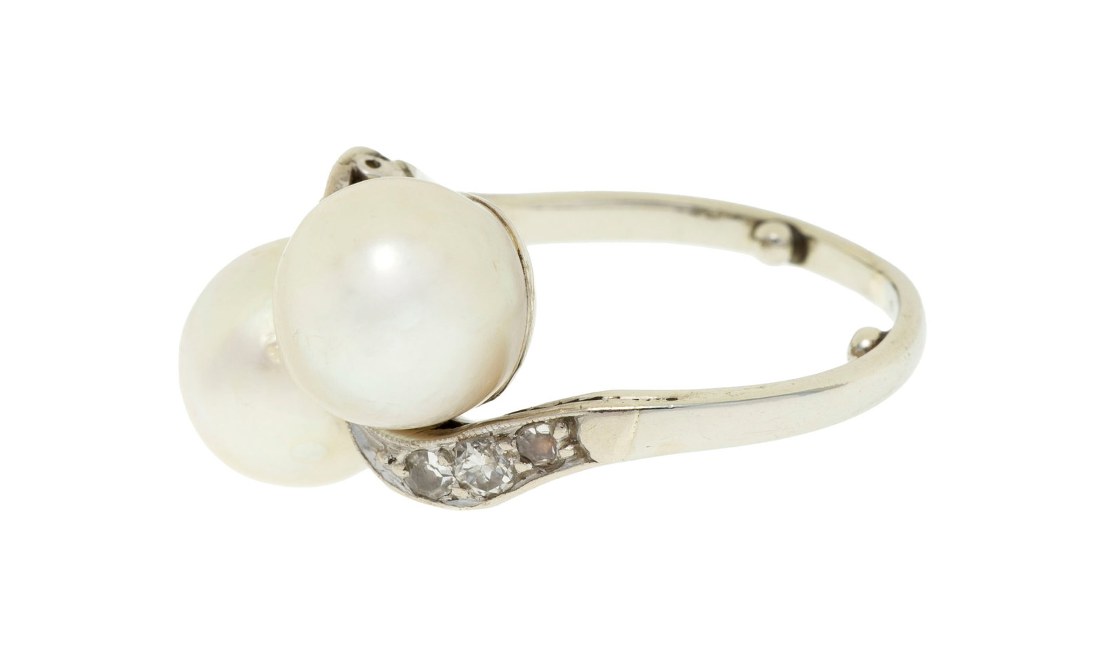 Bague toi & moi or gris 375 ornée de 2 perles non testées épaulées de diamants t - 2