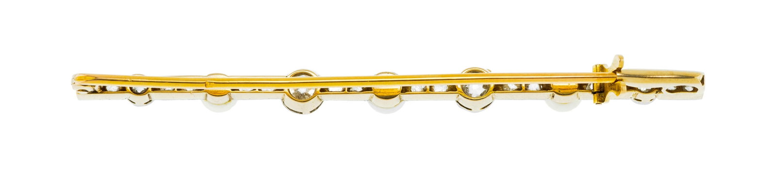 Broche barrette début XXe s., or 750 et platine sertie de perles blanches (non testées) al - 3