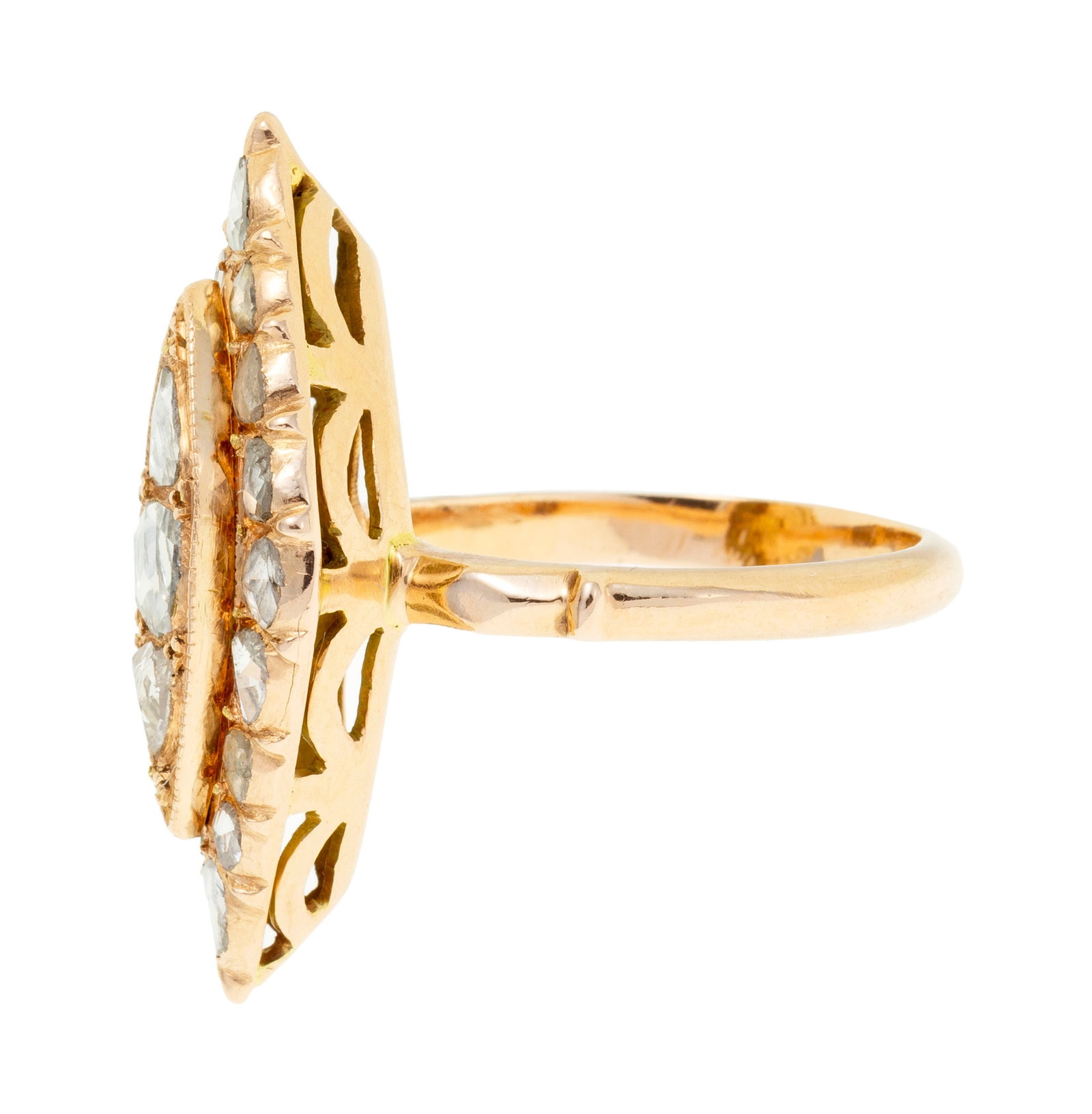 Bague marquise en or 375 sertie foilback de diamants taille rose, doigt 55-15, 6g - 2