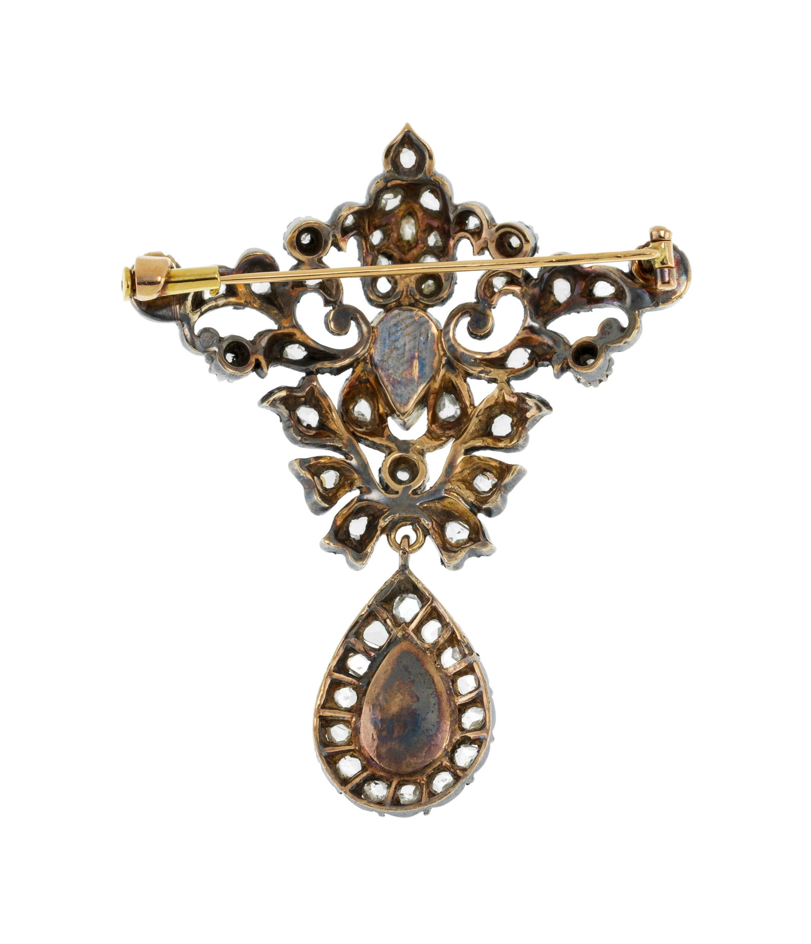 Broche XIXe s., argent et or ajouré à décor végétal sertie de diamants tail - 3