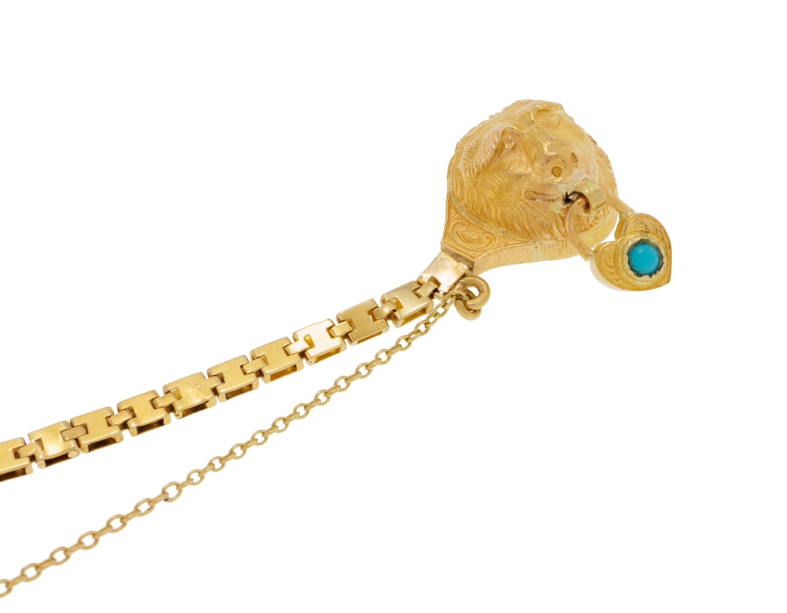 Bracelet XIXe s., or 750 centrant une tête de lion ciselée retenant un petit pendant serti - 2
