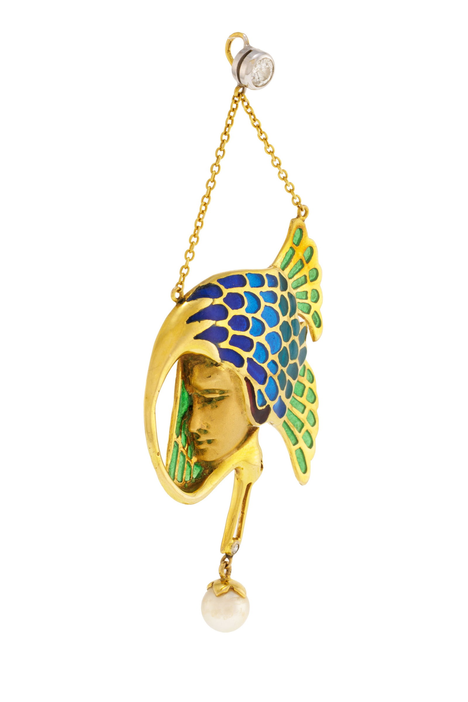 Pendentif de style Art Nouveau en or 750 figurant un profil féminin ainsi qu'une cigogne aux ai - 2