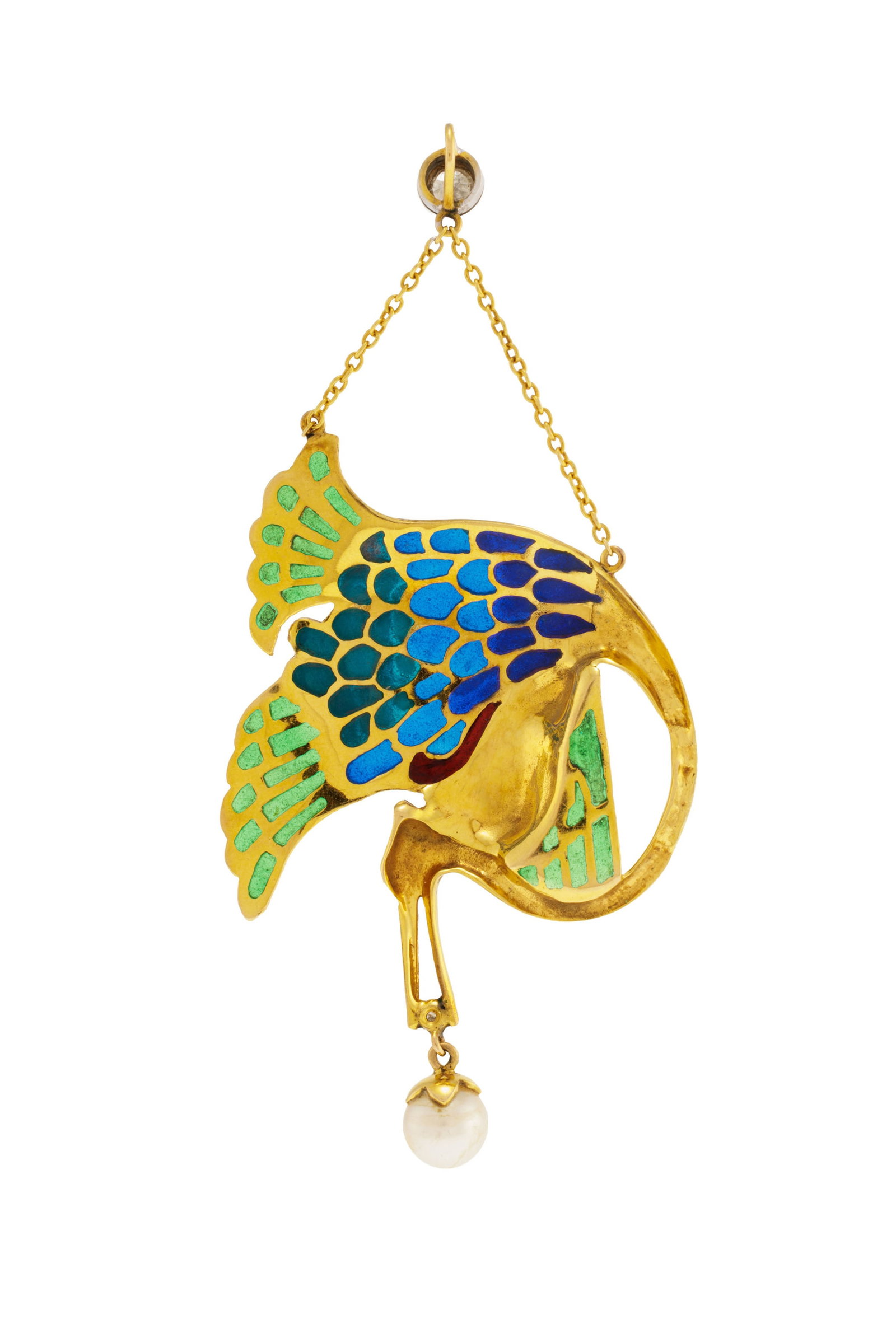 Pendentif de style Art Nouveau en or 750 figurant un profil féminin ainsi qu'une cigogne aux ai - 3