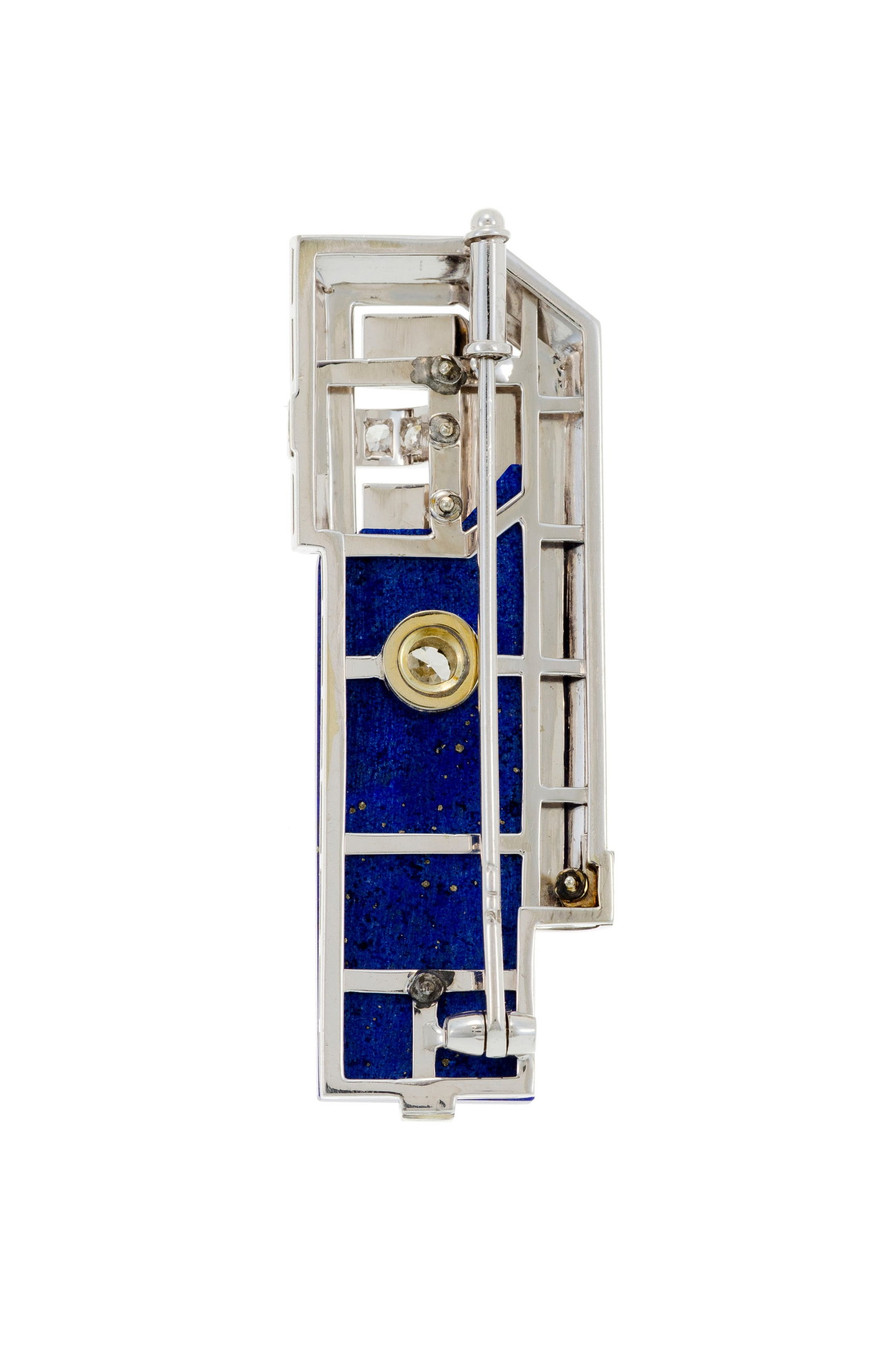 Broche Art Déco platine à motif géométrique ornée d'une plaque de lapis-laz - 3