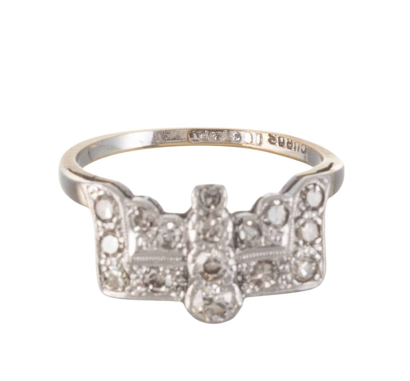 Bague Art Déco or 750 et platine sertie de diamants taille 8/8 et brillant, doigt 50-10 - 2
