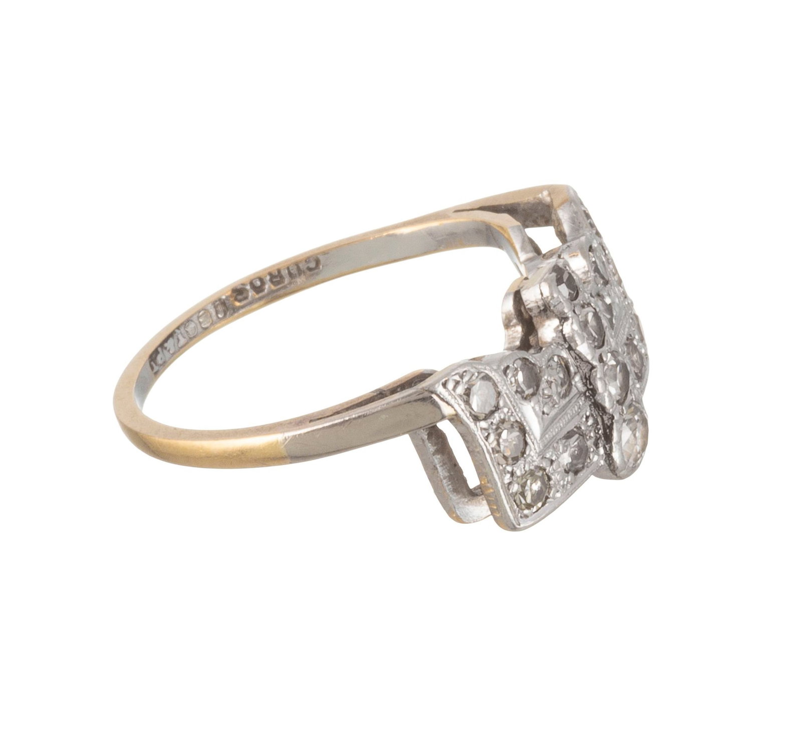 Bague Art Déco or 750 et platine sertie de diamants taille 8/8 et brillant, doigt 50-10 - 3
