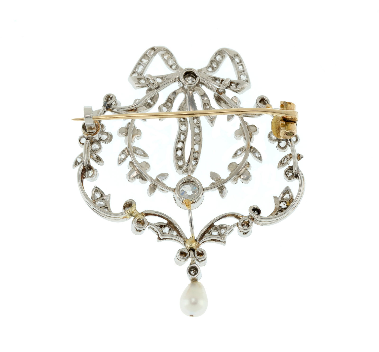 Broche Belle Époque en platine et or gris 750 à décor de guirlandes surmontées d - 3