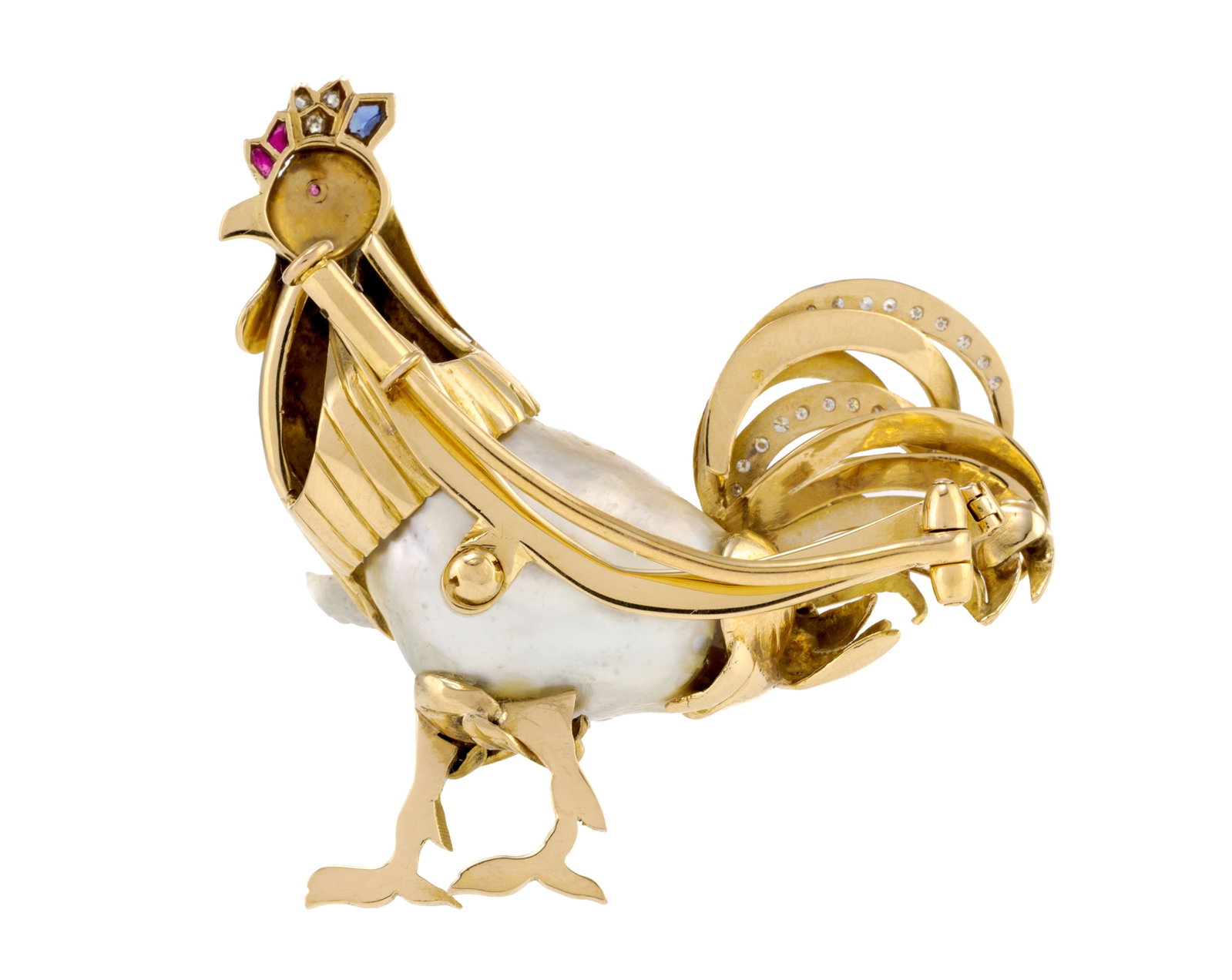 Broche coq années 1940-50 or 750 orné d'une perle de culture baroque, serti de diamants ta - 3