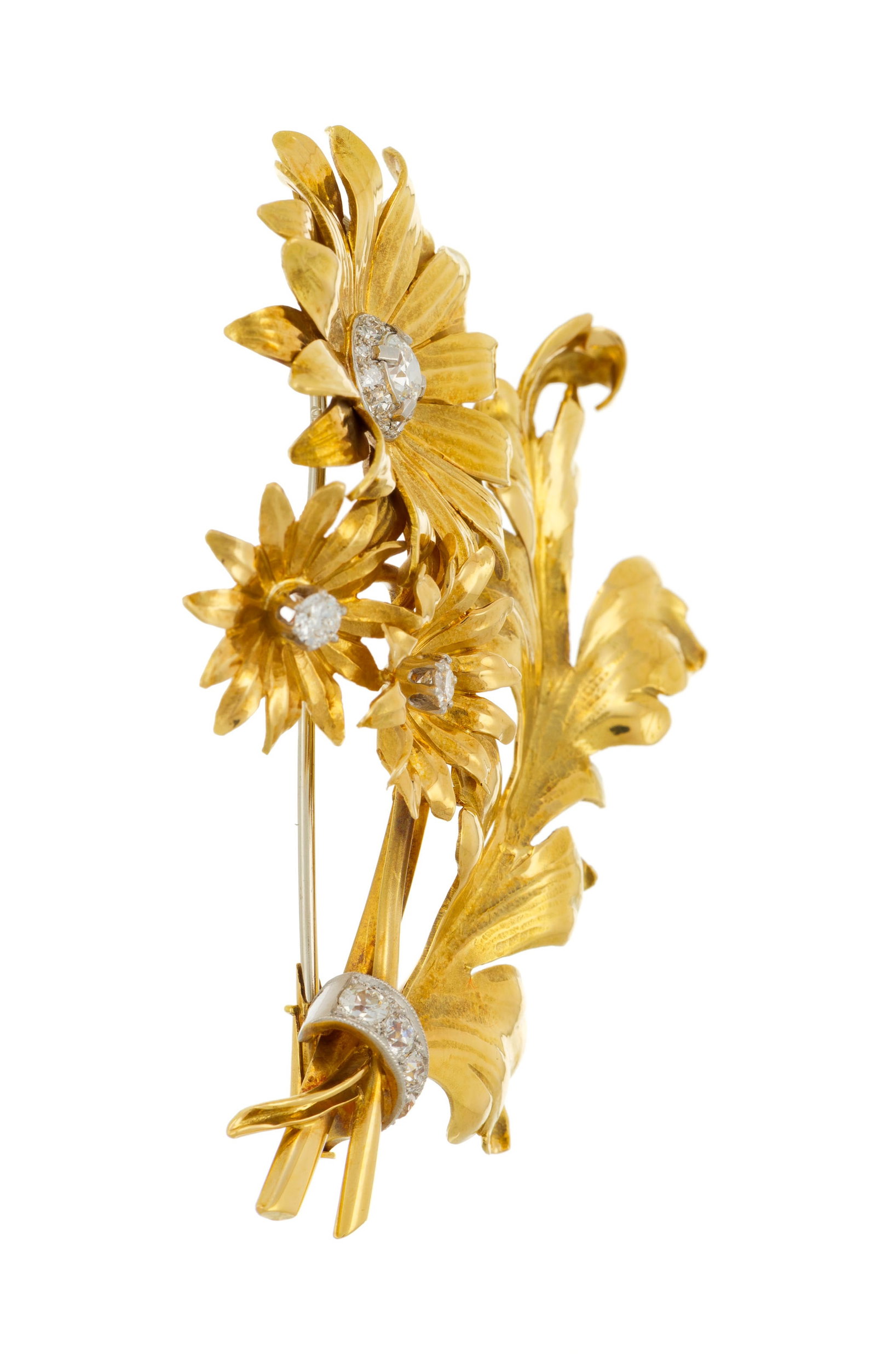 Broche années 1940-50 or 750 et platine représentant un bouquet de fleurs serti de diamant - 2