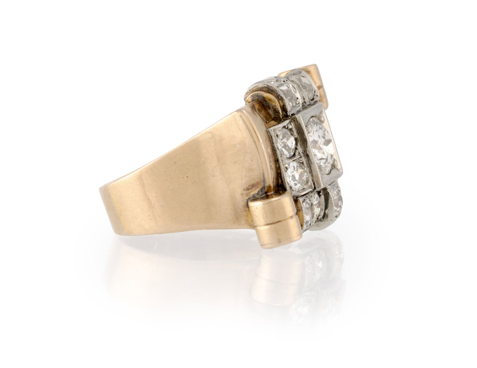 Bague années 1940-50 2 ors 585 à motif géométrique sertie de diamants taille anc - 2