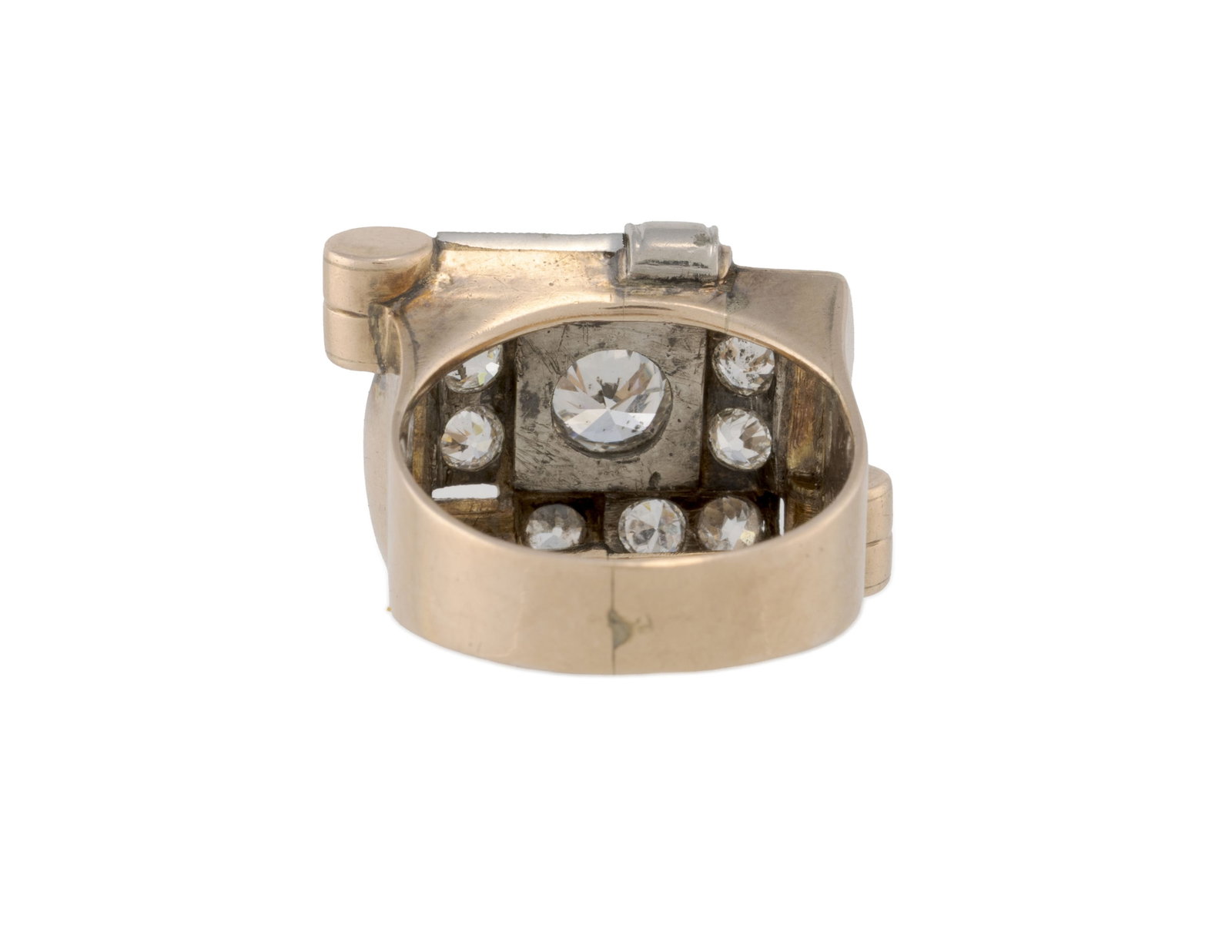 Bague années 1940-50 2 ors 585 à motif géométrique sertie de diamants taille anc - 3