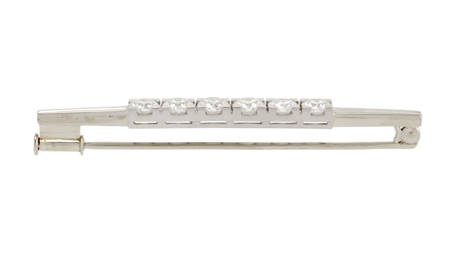 Broche barrette or gris 750 sertie de 6 diamants taille brillant (total env. 1.8 ct), long. 5.2 cm,  - 2