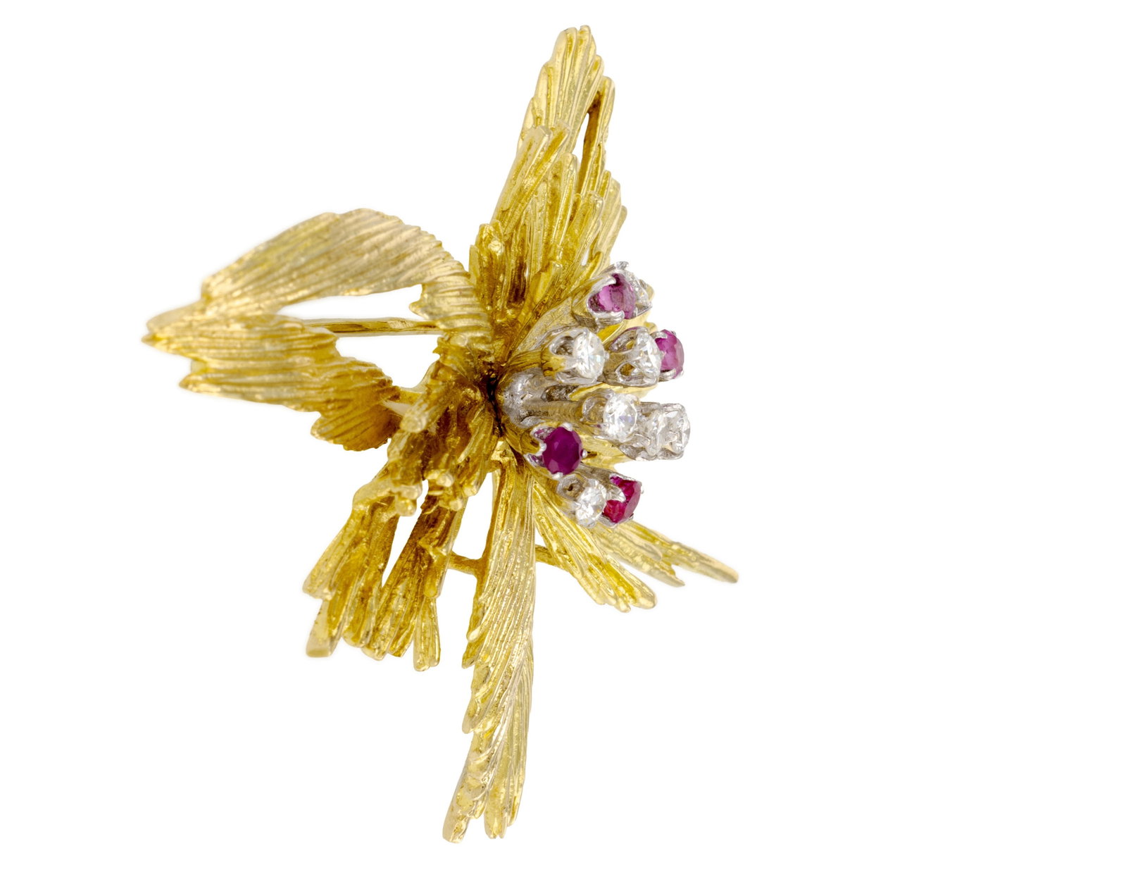 Broche or 585 texturé centrant des saphirs roses et des diamants taille 8/8, h. 4 cm, 18g - 2