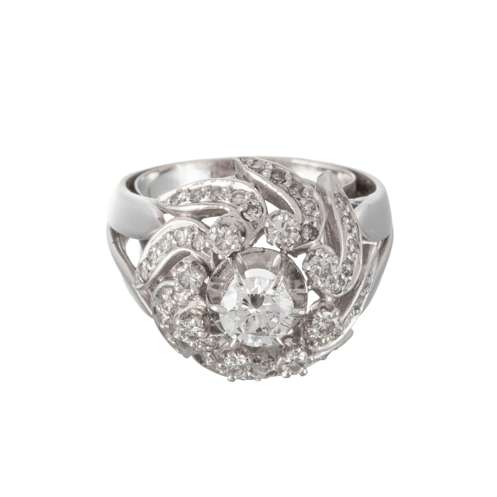 Bague or gris 750 sertie de diamants taille 8/8 et brillant dont un plus important au centre (env. 0 - 2